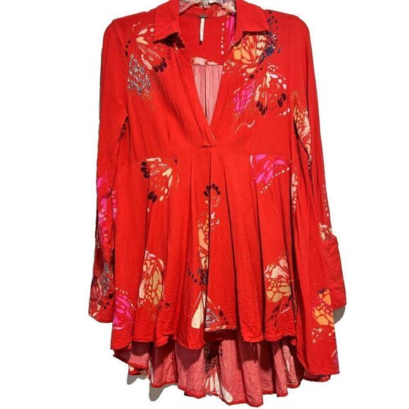 Free People Boho Blouse Tunic Top Small Floral Tomato Combo Hi-Low Long Sleeve - Picture 3 of 8
